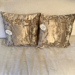 2 Gold Velvet Throw Pillows Beaded Floral 16in Poly Filled Cushion Cottagecore